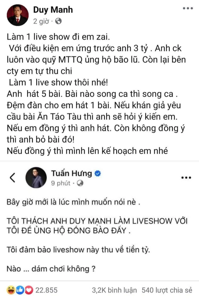 Duy Mạnh và Tuấn Hưng ra kèo làm liveshow lấy tiền ủng hộ đồng bào vùng bão lũ - Ảnh 1.